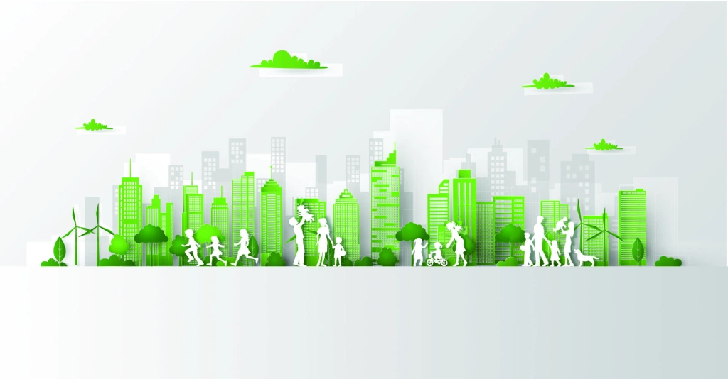 CSR image of paper cut outs of a modern sustainable city scape in white and green.