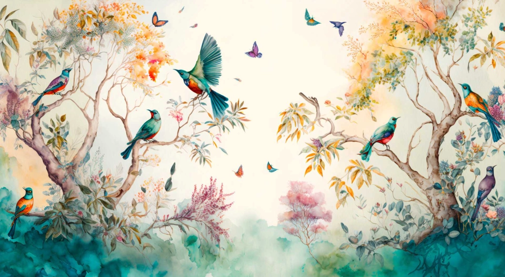 Water colour scene of birds and trees on a cream background
