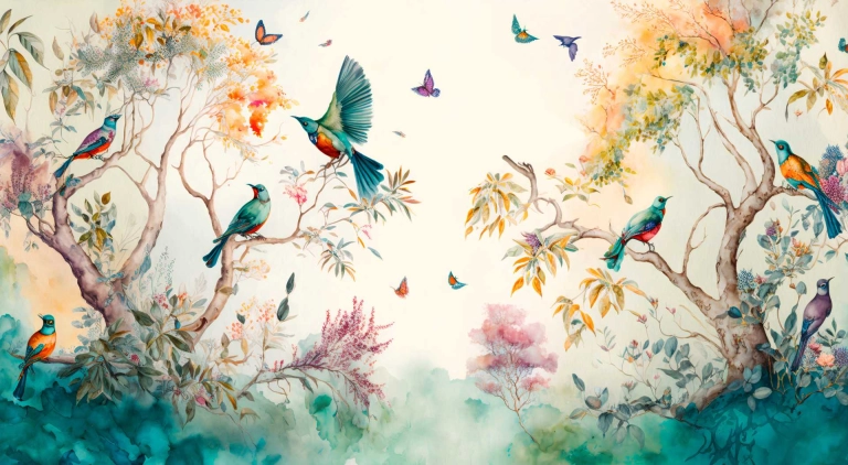 Water colour scene of birds and trees on a cream background