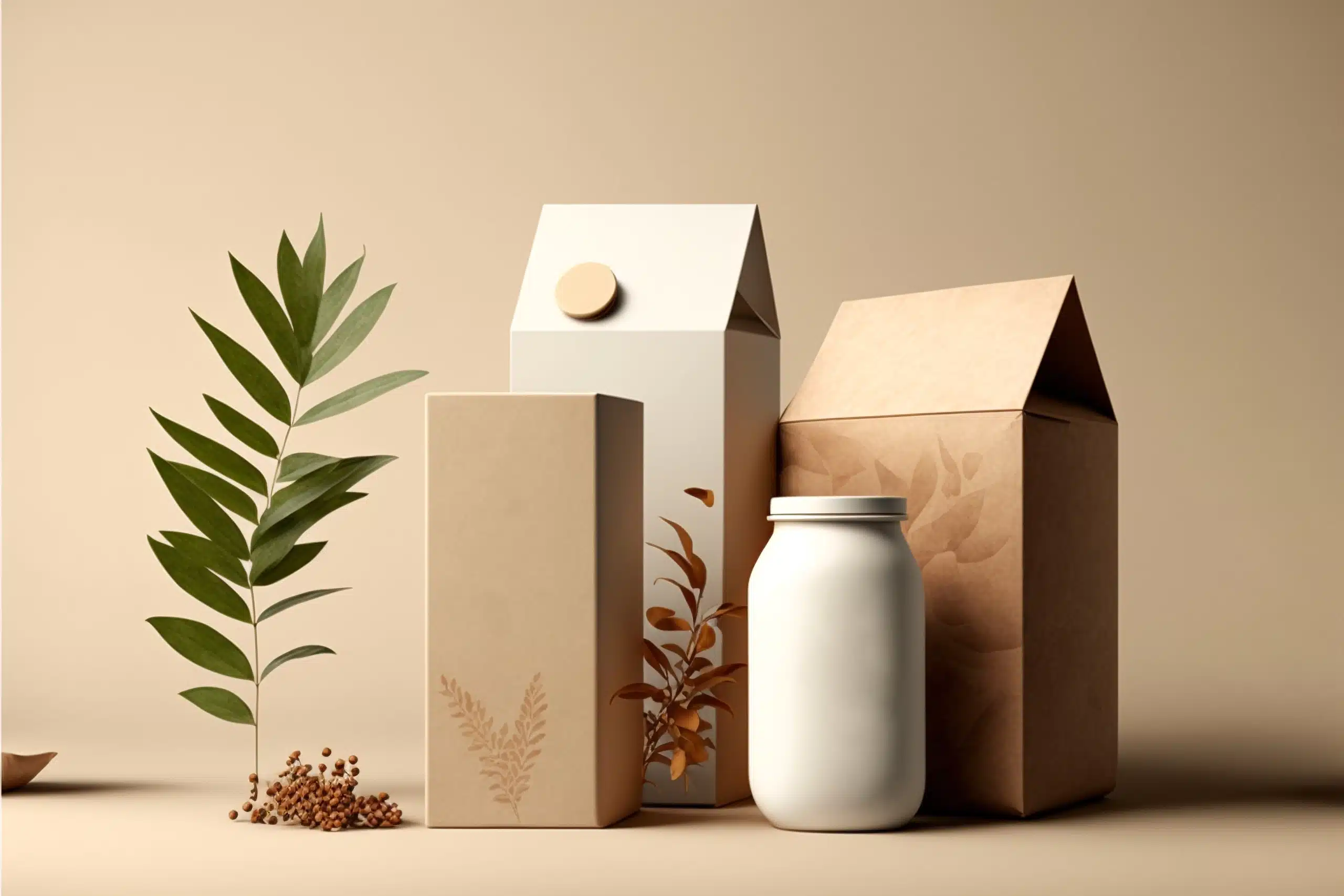 Mock up Set of eco products on a beige background healthy food concept of healthy foods. Empty cardboard boxes with space for text. Mock up products made from recycled paper. concept: environmental protection, nature conservation, recycle.