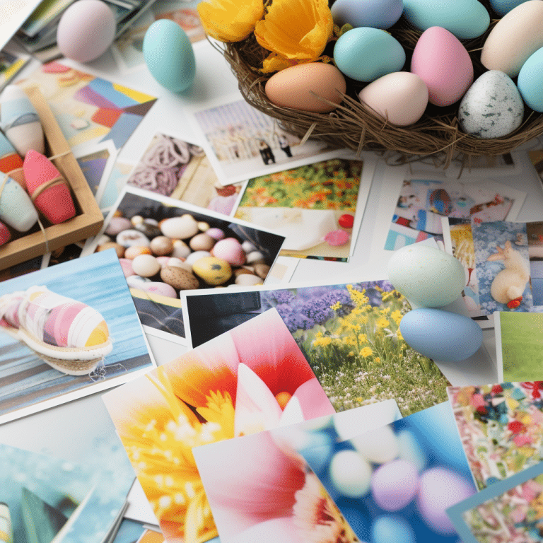 images on a table with easter eggs