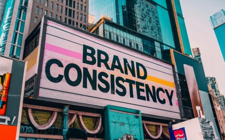 large Billboard with the wording Brand Consistency in a large hi rise city