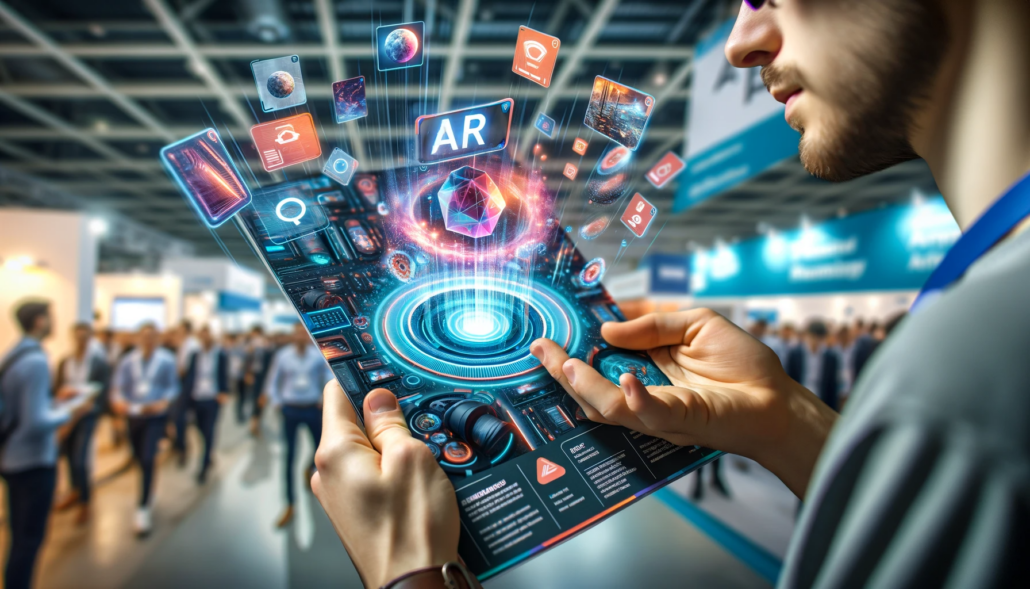 Man holding a flyer with Augmented Reality concept shown over it