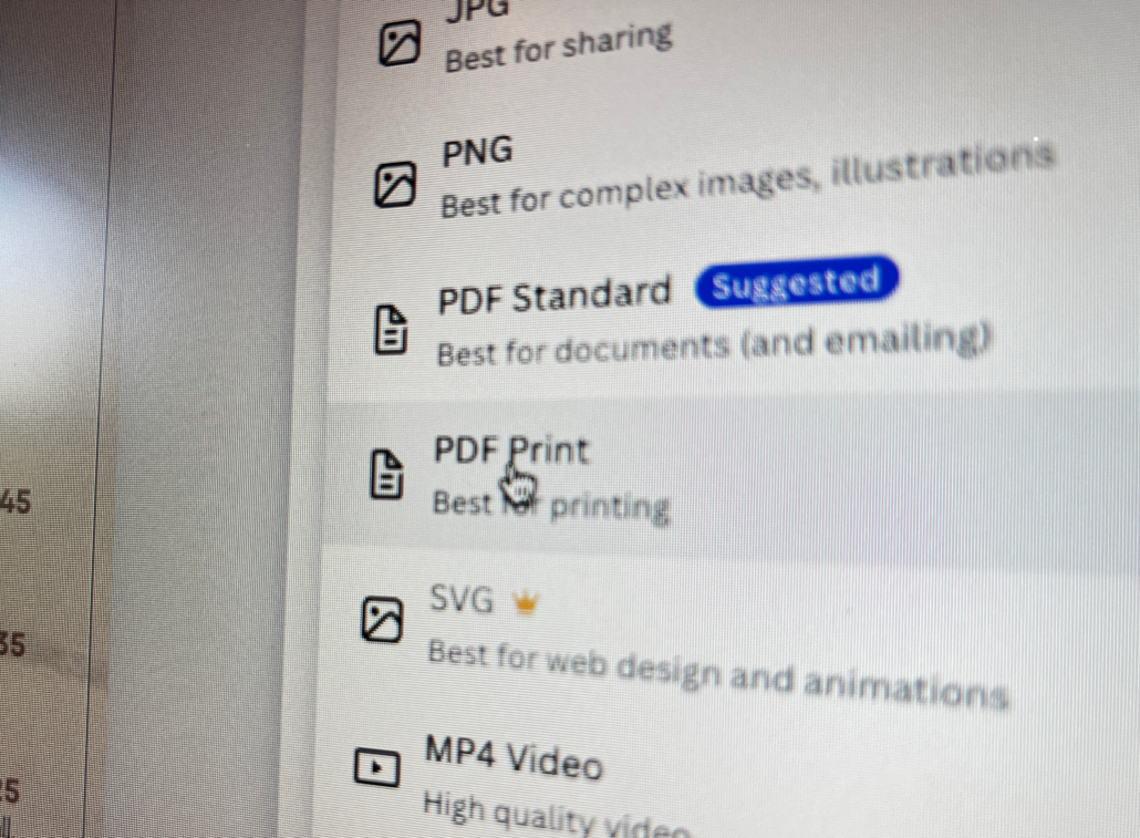 On a canvas-print-ready screen, a file export menu offers options such as JPG, PNG, PDF Standard (suggested), PDF Print (selected), SVG, and MP4 Video.