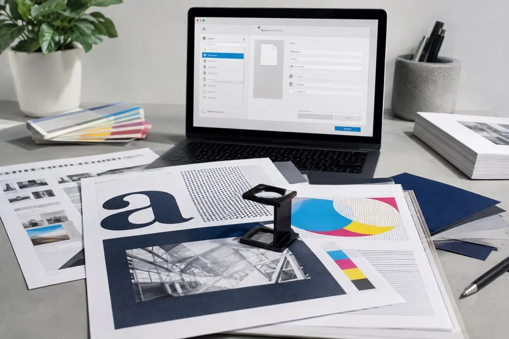 Typography proofs and a PDF export workflow on a designer's desk