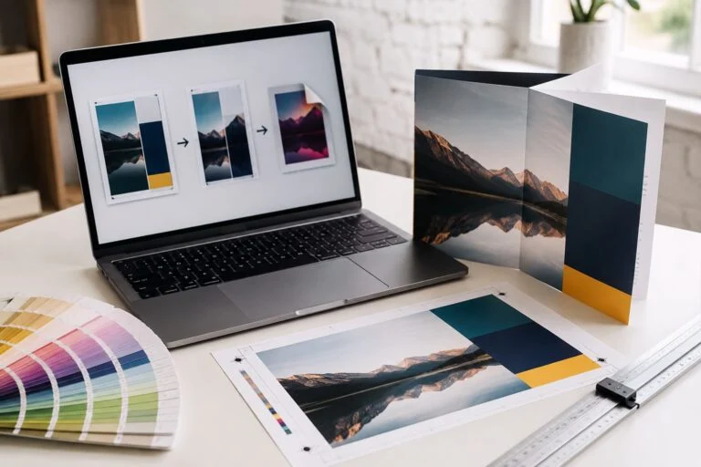 Digital artwork being prepared as a print-ready folded leaflet