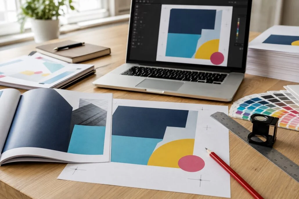 Print artwork proofs, colour swatches and design tools on a studio desk