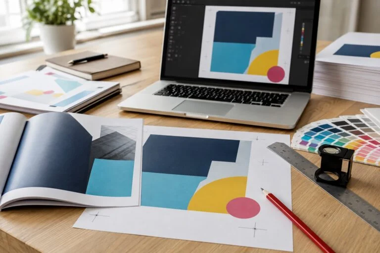 Print artwork proofs, colour swatches and design tools on a studio desk