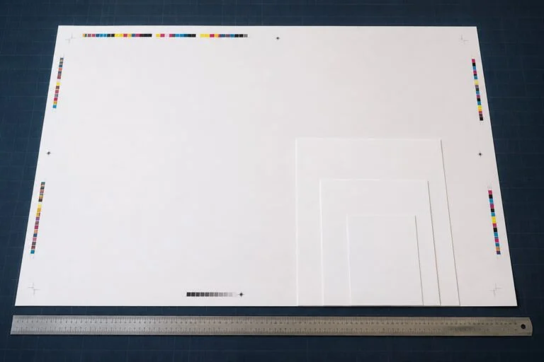 A-series paper sheets arranged with a metric ruler and print marks