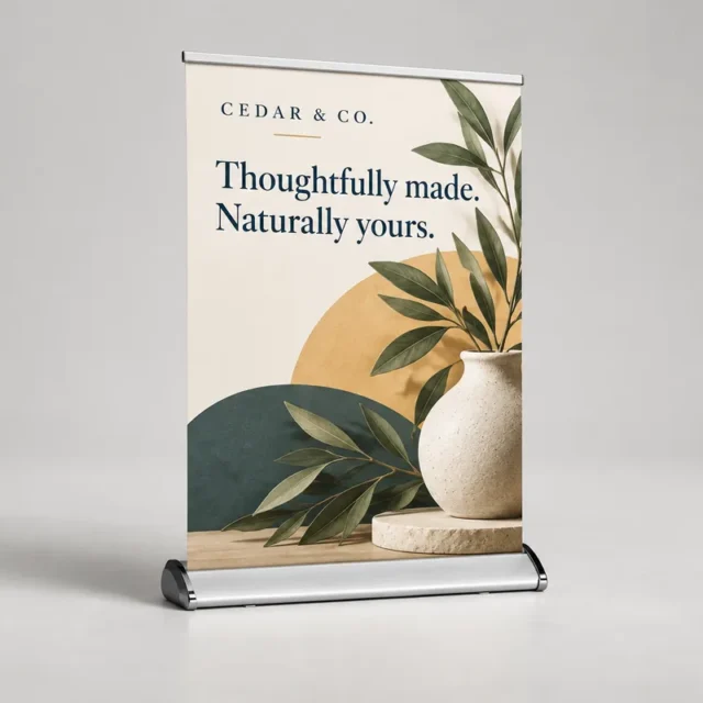 Compact tabletop roller banner with an illustrative Cedar & Co design and a silver retractable base