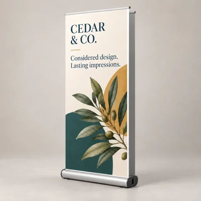 One double-sided roller-banner unit with two back-to-back graphics and a broad double cassette; illustrative Cedar & Co design
