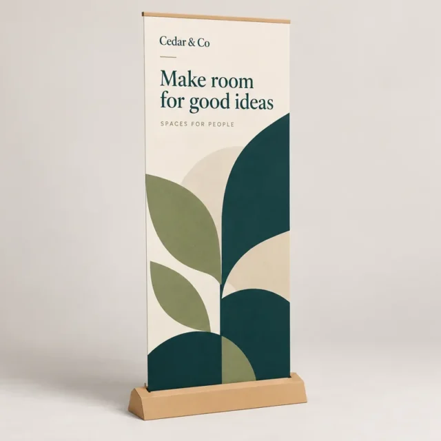 Illustrative Cedar & Co paper display in a natural brown cardboard cassette with a cardboard top rail; not an aluminium roller banner
