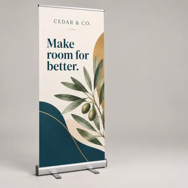 Single-sided roller banner with an illustrative Cedar & Co design, lightweight budget cassette and two supporting feet