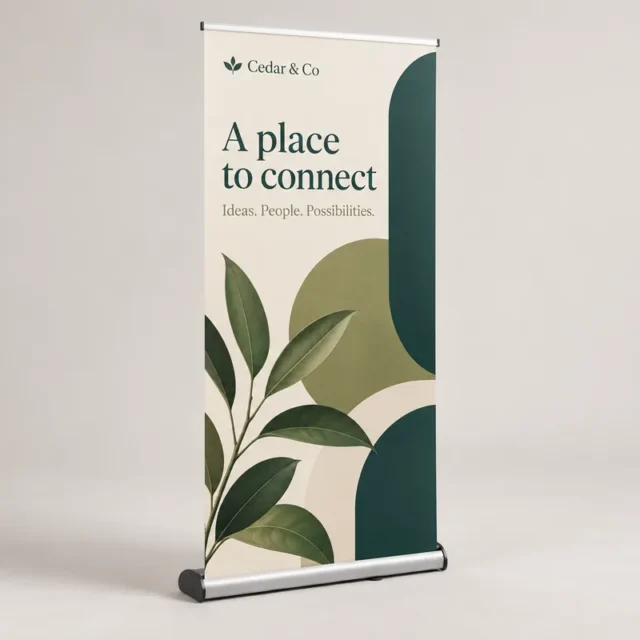 Illustrative Cedar & Co Premium roller banner with a silver cassette, black end pieces and one printed front graphic
