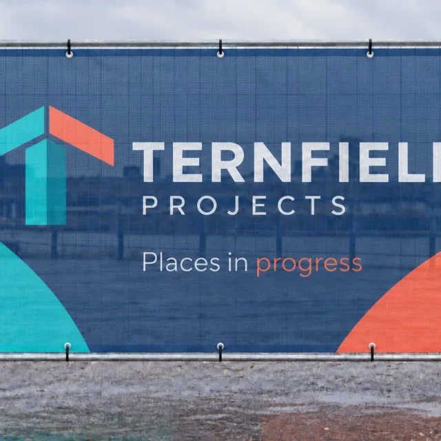 Illustration of a lighter AirMesh Polyester Heras banner with fictional Ternfield Projects artwork