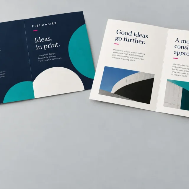 Illustration of two open, flat creased leaflets showing the outside and inside design
