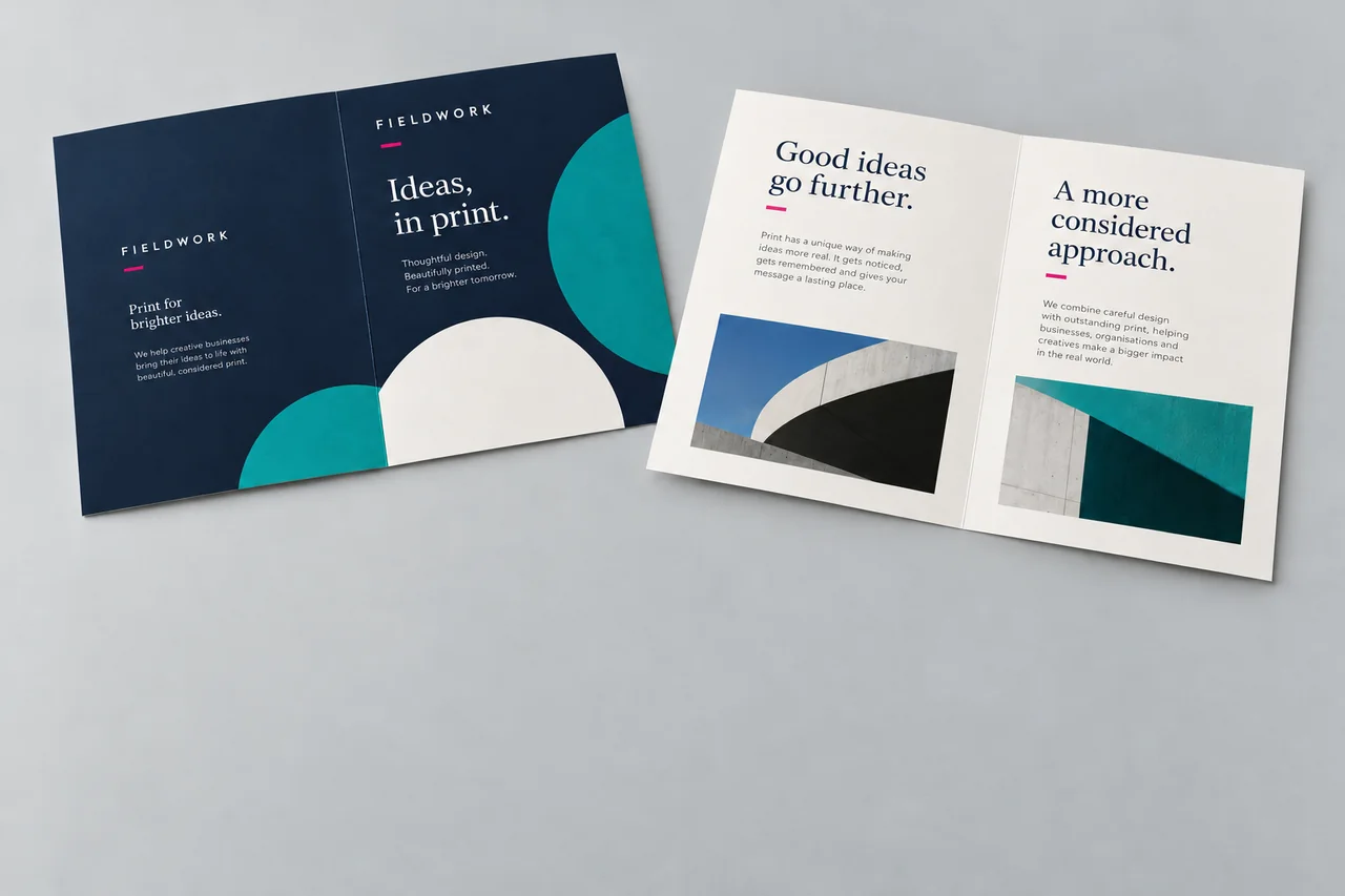 Illustration of two open, flat creased leaflets showing the outside and inside design