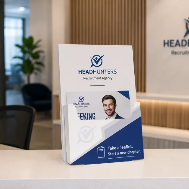 Printed blue-and-white leaflet holder with sample leaflets on a reception counter; sample leaflets are not included