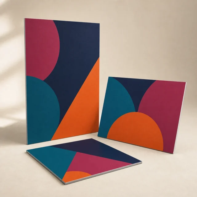 Printed aluminium composite Dibond display boards with geometric artwork
