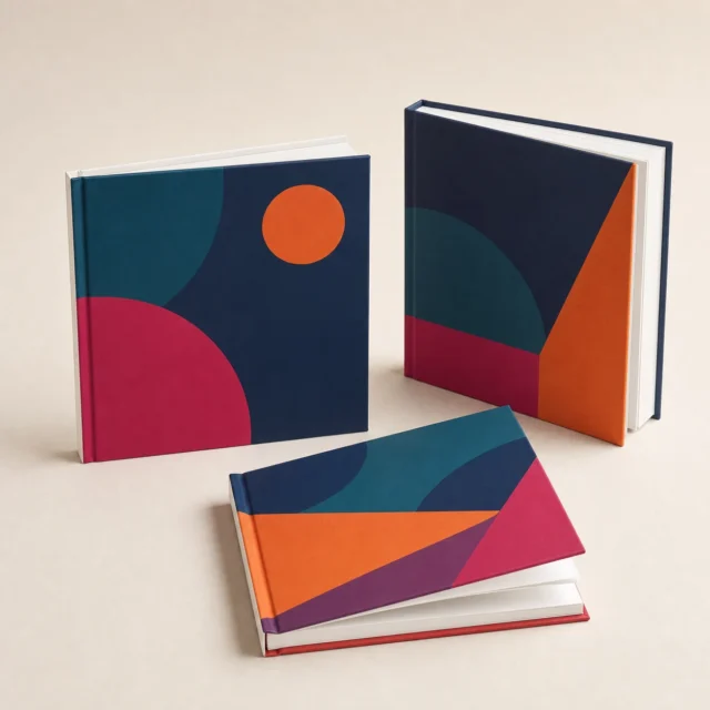 Three custom printed hardback books with colourful geometric covers