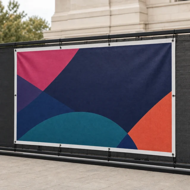 Printed mesh fence banner secured with eyelets and bungee ties