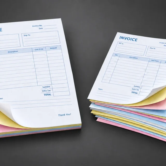 Four-part NCR pads and loose form sets with white, yellow, pink and blue copy sheets
