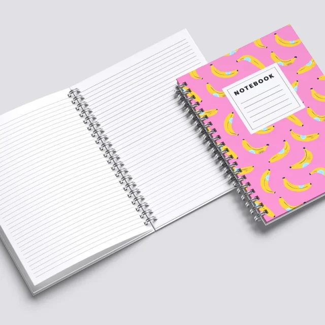 Two silver wire-bound notebooks, one open to lined pages and one with a pink illustrated cover
