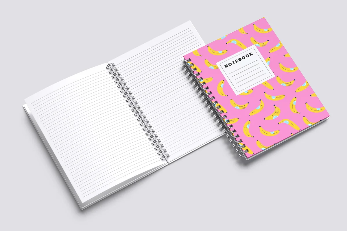 Two silver wire-bound notebooks, one open to lined pages and one with a pink illustrated cover